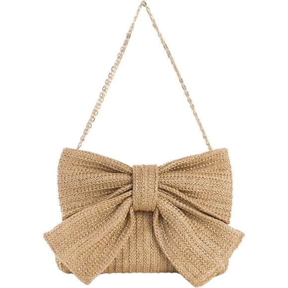 Handbags - Women's Straw Bow Crossbody Bag Polyester Summer Satchel with Chain
